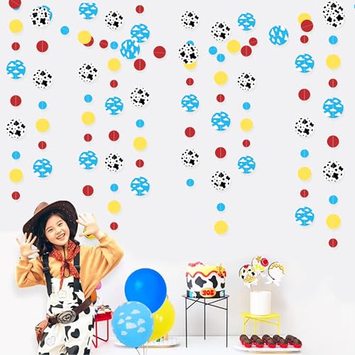 Image of Cartoon Story Party Decorations Blue Yellow Red Circle Dot with Cloud and Cow Print Polka Dots Garland Streamer for Kids Birthday Baby Shower Toy and Story Carnival Theme Party Decorations Supplies