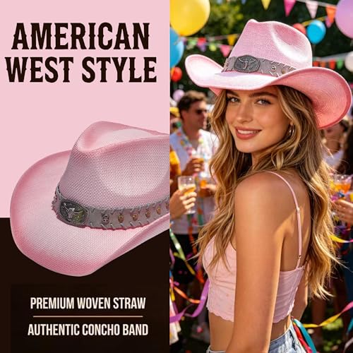 Image of YOUBADU Western Straw Cowboy and Cowgirl Hats with Decorative Bands - Unisex Wide Brim Raffia Style Sun Hat