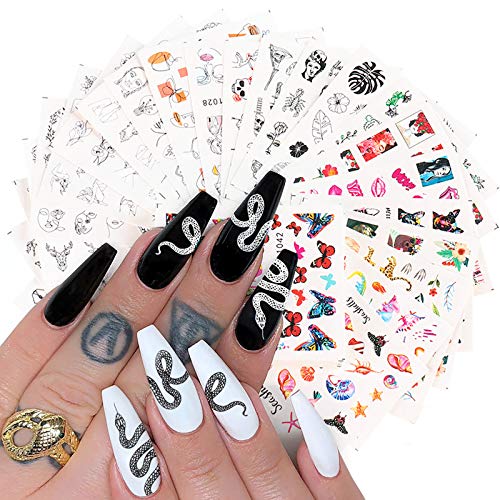 16 Sheets Fashion Snake Word Nail Stickers For Women Girls,Water Transfer Cool Butterfly Letters Words Python Nail Decals For Acrylic Nail Supplies,DIY Manicure Nail Decoration