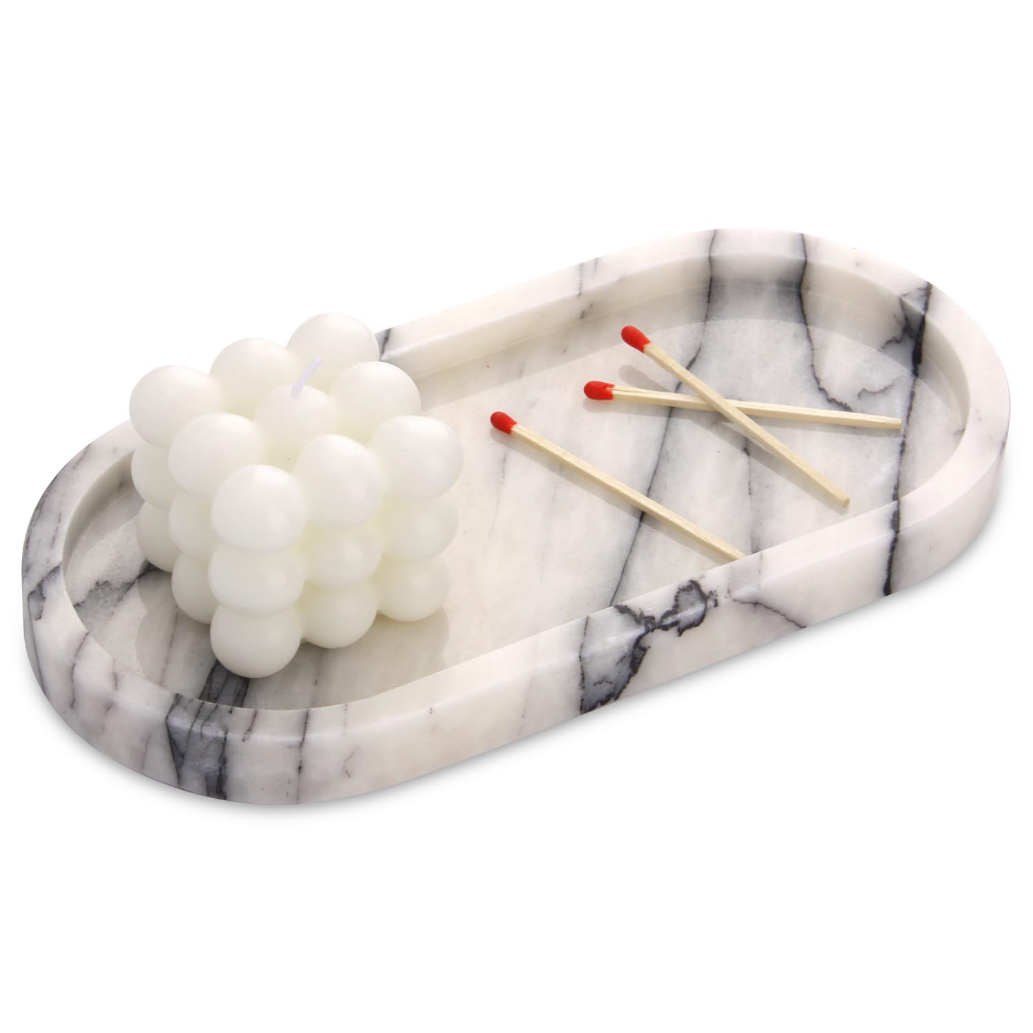Oval Marble Tray Natural Luxury Marble Home Kitchen Bathroom Vanity Tray, Stone Decorative Countertop Serving Trays for Coffee Perfume Jewelry Makeup Key Lilac 25 x 12 cm