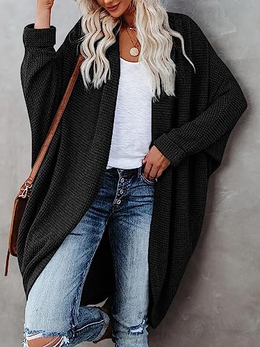 ZoeAce Womens Open Front Knit Cardigan Long Batwing Sleeve Oversized Sweater Chunky Waffle Cable Boho Pockets Coat2