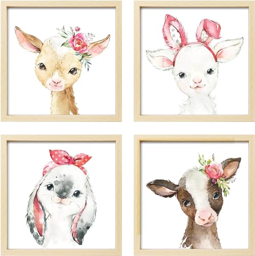 Image of ArtbyHannah Framed Woodland Nursery Wall Decor, 10x10 inch Cute Baby Wall Art Room Decor for Kids, Safari Adorable Animals Artwork Prints for Playroom Bedroom Baby Shower Decoration(4 Pack)