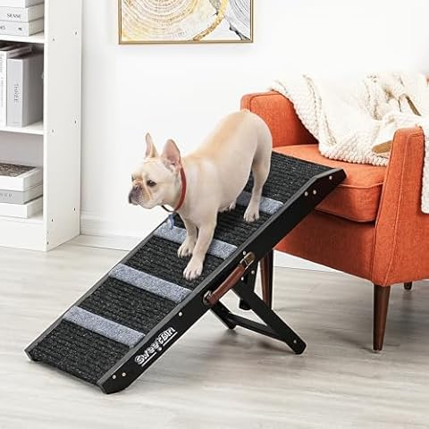 SweetBin 19" Tall Pet Ramp - Small to Medium Dogs and Cats Use - Wooden Folding Portable Dog Ramp Perfect for Couch or Bed with Non Slip Carpet Surface - 4 Levels Height Adjustable Up to 110Lbs Cover
