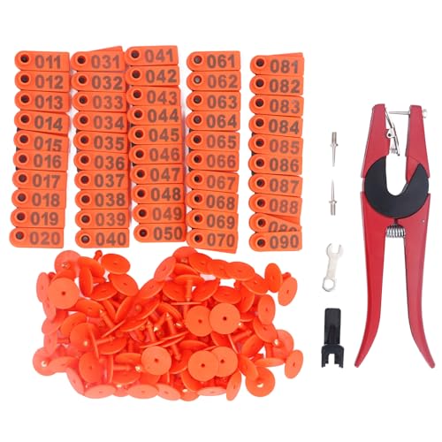 100 Sets Livestock Ear Tag Kit Number Animal Ear Tag with Applicator for Cattle Horse Pig Sheep (Orange Ear Tag with Red Pliers with 2 Ear Tag)