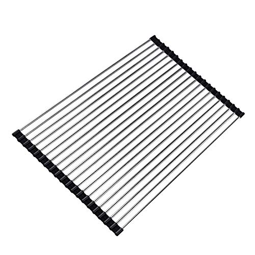 Image of Wide Over Sink Roll-Up Dish Drying Rack SUS304 Stainless Still Dish Rack Foldable Multi-Use Kitchen Sink Dish Drainers, Drying /Draining /Trivet (Black)