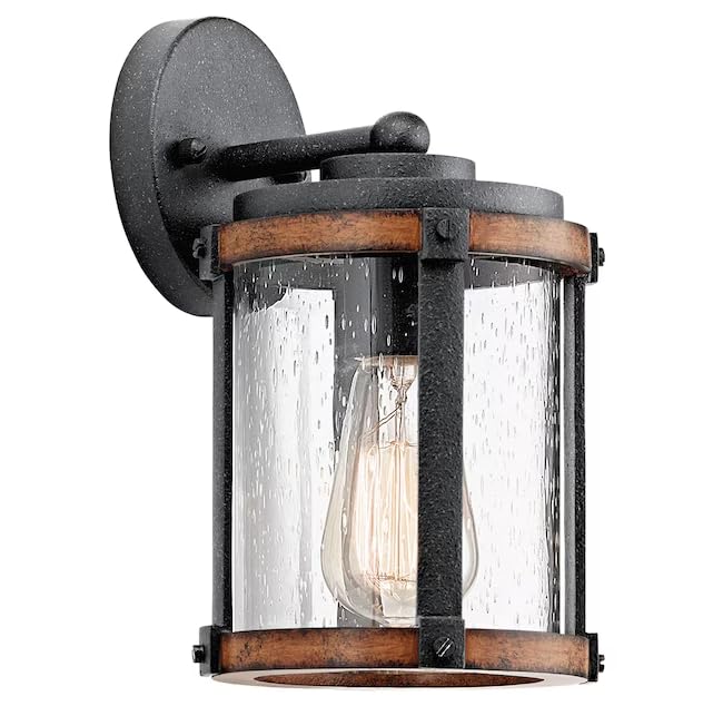 1-Light 10-in H Distressed Black and Wood Tone Outdoor Wall Light with Seeded Glass Shade, Rustic Dimmable Wall Lantern for Porch and Patio