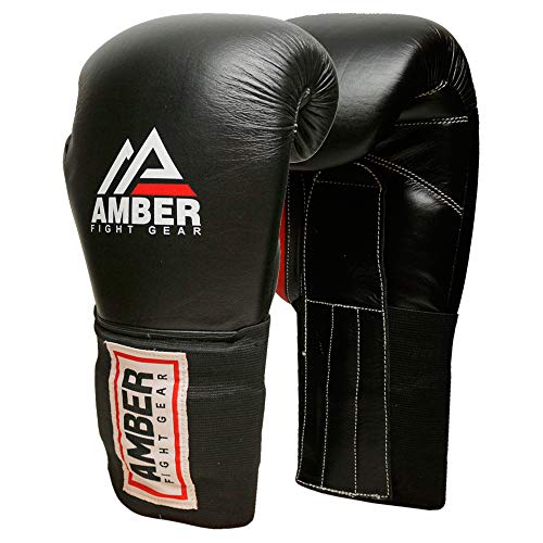 Amber Fight Gear MFG Professional Hook and Loop Leather Training Boxing Gloves MMA Kickboxing Training Sparring Punching Bag Gloves Black 16oz
