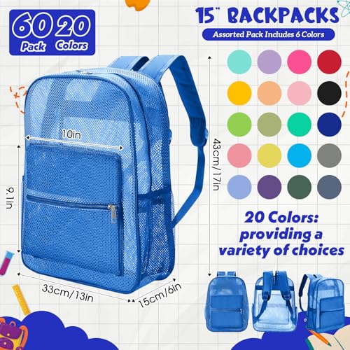 Amylove 60 Pcs Mesh Backpack Bulk 17 Inch See Through Heavy Duty Mesh Bookbags for Sports Travel Donation Charities (Multicolor)2
