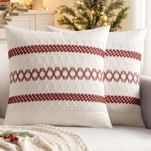 Image of MIULEE Set of 2 Christmas Burgundy Boho Decorative Pillow Covers 18x18 Inch