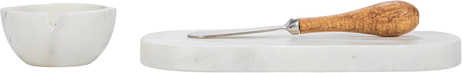 Creative Co-Op Marble Cheese Board Set with Bowl and Knife, White
