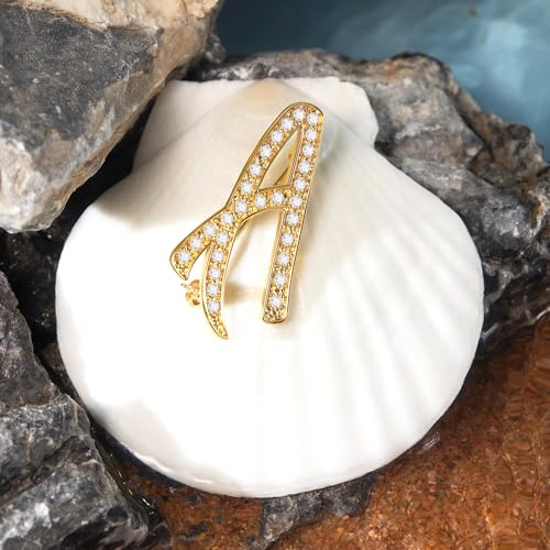 Image of Cicy Bell A-Z Initial 26 Letter Brooch Pins 18k Gold Plated Cubic Zirconia Breastpin Name Personalized Gifts for Women Men