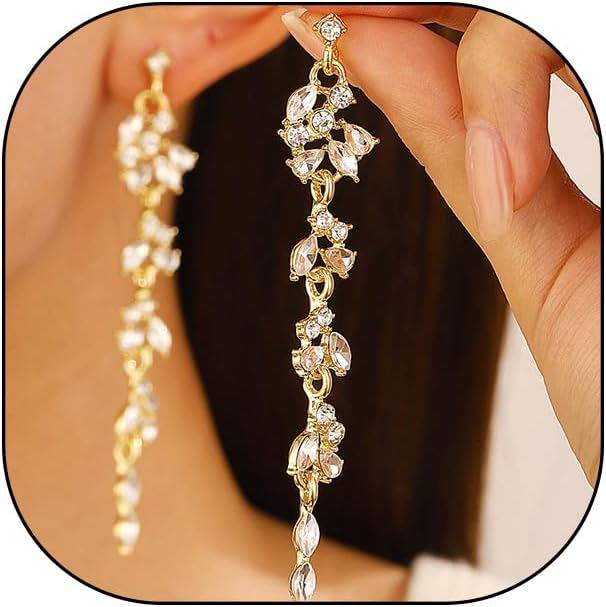 Long Rhinestone Tassels Statement Earrings,14K Gold Sparkly Cubic Zirconia Drop Dangle Earrings Prom Party Trendy Bridal Wedding Jewelry