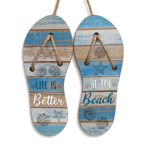 Life Is Better At The Beach Wooden Slipper Sign, Coastal Beach Quote with Seashell Starfish Decor, Rustic Farmhouse Hanging Double Wood Plaque with Jute Rope, Wood Grain Finish 9x3.5 in - A06