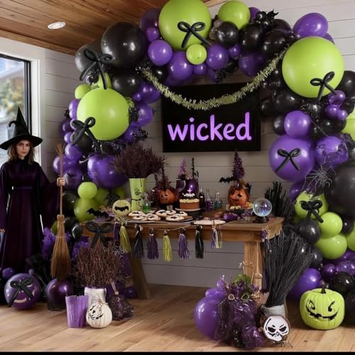 Image of Black Purple Balloon Garland Arch Kit, Double Stuffed Purple Black Balloons Lime Green Lavender Balloon Arch for Wedding Birthday Baby Shower Gothic Wednesday Party Decorations
