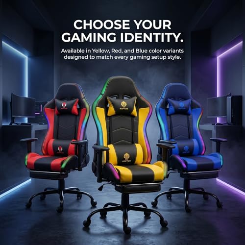 Image of RAPTOR NEXUS RGB Gaming Chair with Bluetooth Speakers, Full-Body Multi-Zone Massage, Recliner with Footrest, 3D Armrests & LED Lighting | Ergonomic PU Leather Gaming Chair for Gaming & Office (Yellow)