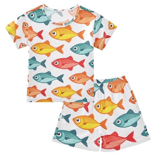ALAZA Cartoon Fish Red Blue Pajamas Set Short Sleeve Cotton Sleepwear Summer Pjs 2 Piece 5-14Y