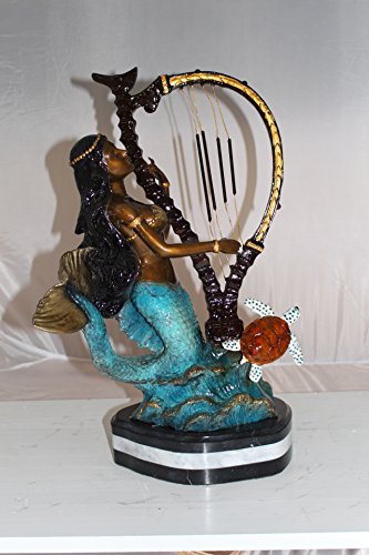 Mermaid Play Harp Bronze Statue - Size: 13" L X 8" W X 22" H. #TOP2