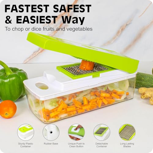 Image of Tekcool 15 in 1 Multipurpose Chopper, Fruits & Vegetable Cutters, Grater Peeler Chipser, Unbreakable Food Grade Body, Easy Push to Clean Button Slicer Dicer, Chopper for Kitchen (Green, Plastic)