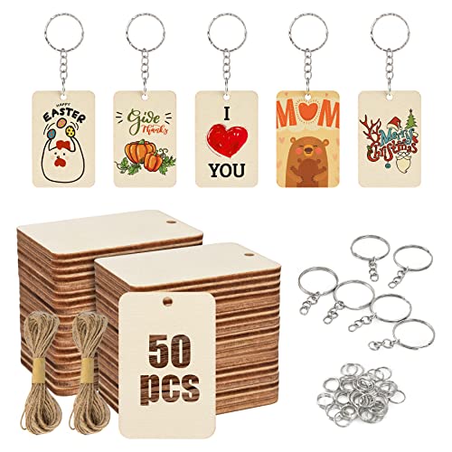 Luckforest 50Pcs Blank Rectangle Wooden Keychain...