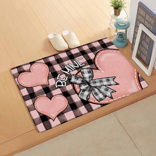 Valentine's Day Kitchen Bath Door Mat Cushioned Runner Rug,Washable Welcome Floor Sink Antifatigue Mat,Waterproof & Non-Slip Comfort Standing Doormat,Pink Love Retro Buffalo Plaid Black 24
