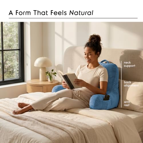Image of Nestl Reading Pillow with Shredded Memory Foam, Designed for Sitting Up in Bed and Couch, Back and Arms Adjustable Support for Adult & Teens Backrest Pillows for Reading, Washable Cover, Blue Heaven