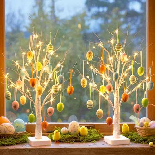 DELICHTER 2er Set Beleuchtet Osterdeko Innen mit 24 Warmweißen LEDs Batteriebetrieben Lichterbaum...