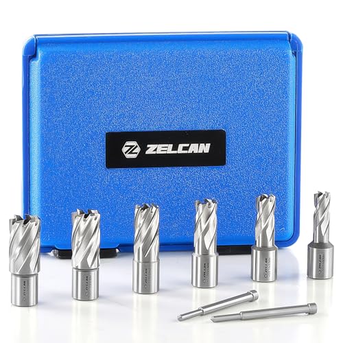 ZELCAN 6 Piezas Juego de Cortadores Anulares, Brocas para Taladro Magnético,12 a 22 mm de Diámetro, 30 mm de Profundidad, Cortadores Anulares HSS con Espiral, 2 Pasadores Guía