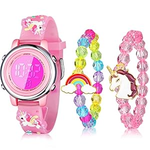 3 Pieces Kids Unicorn Watch and Unicorn Bracelet Toddler Digital Watch 7 Color Lights Watch with Alarm Stopwatch Unicorn…