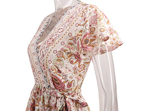 Image of R.Vivimos Women's Summer Short Sleeve Floral Print Bohemian Beach Waist Tie Wrap Long Flowy Dress with Slit