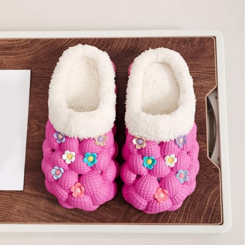 ZSpzx Women Cotton Slippers Bubble Slides Plush Fluffy Lining Thick Sole Flower Decoration Cute Memory Foam Anti-Slip Shoes Comfortable Indoor Wear-Resistant Winter Warm House Shoes2