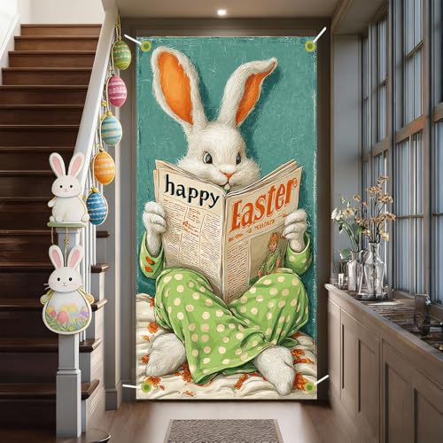 Image of Happy Easter Door Cover Reading Bunny Banner Retro Funny Rabbit Front Door Decorations Home Party Outdoor Decor 35.4x71 Inch