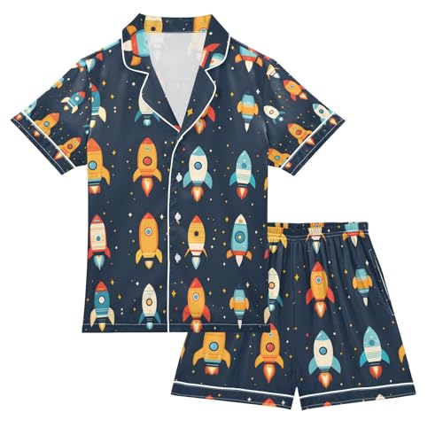 senya Colorful Rocket Cartoon Satin Summer Pajama Sets Silk Short Sleeve Button Down Sleepwear
