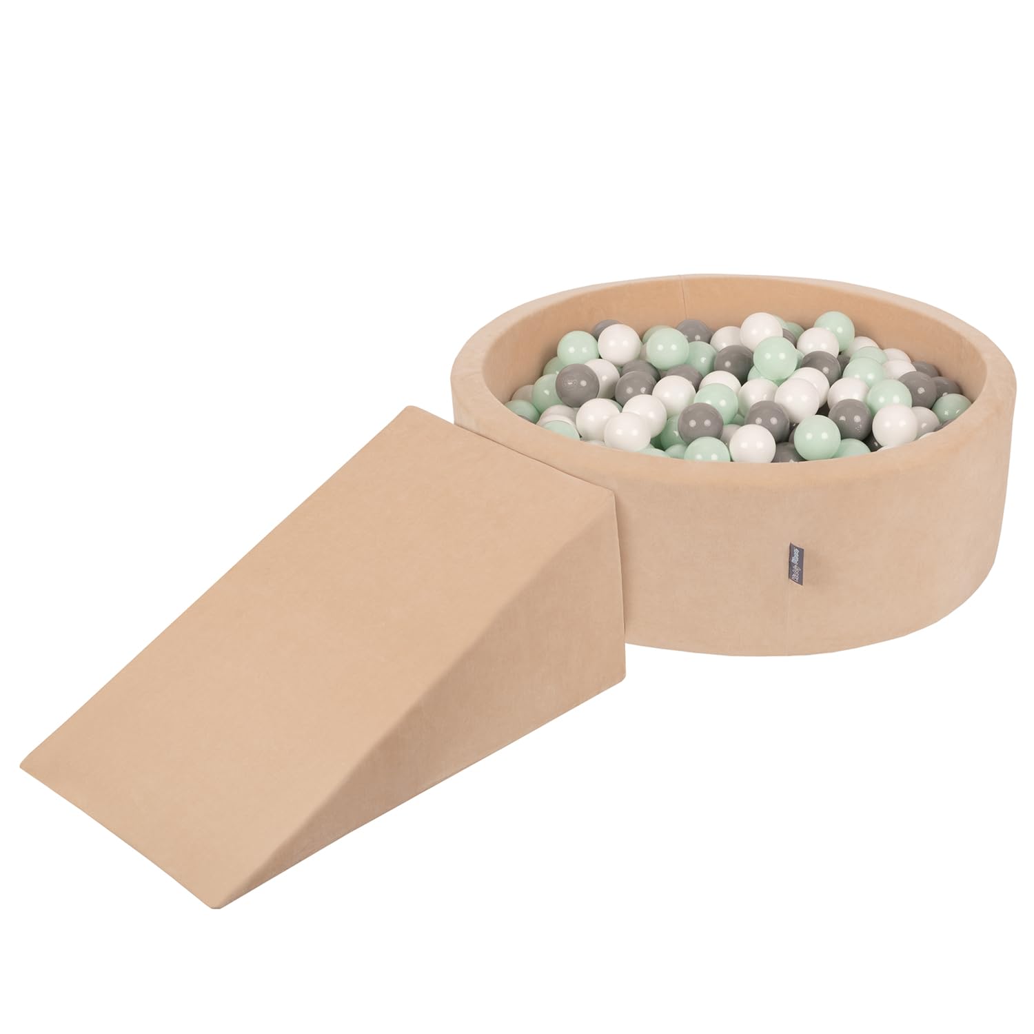 KiddyMoon Foam Playground Velvet For Kids With Round Ballpit (100 Balls ∅ 7Cm/2.75In) Soft Obstacles Course And Ball Pool, Sand Beige: White/Grey/Mint