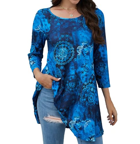 Enmain Tunika Damen Langarm Große Größen Lange Oberteile für Frauen Elegant 3/4 Ärmel Longshirt Gemustertes Tuniken Rundhals Tops Blau T Shirt...