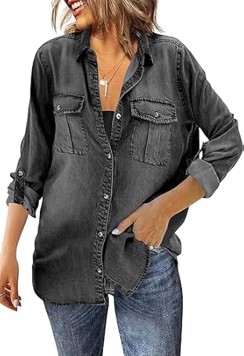 Saodimallsu Damen Jeanshemd Langarm Bluse Button Down Denim Hemden Casual Regular Fit Jeansjacke mit Brusttaschen Schwarz S Saodimallsu Damen Jeanshemd Langarm Bluse Button Down Denim Hemden Casual Regular Fit Jeansjacke mit Brusttaschen Schwarz S