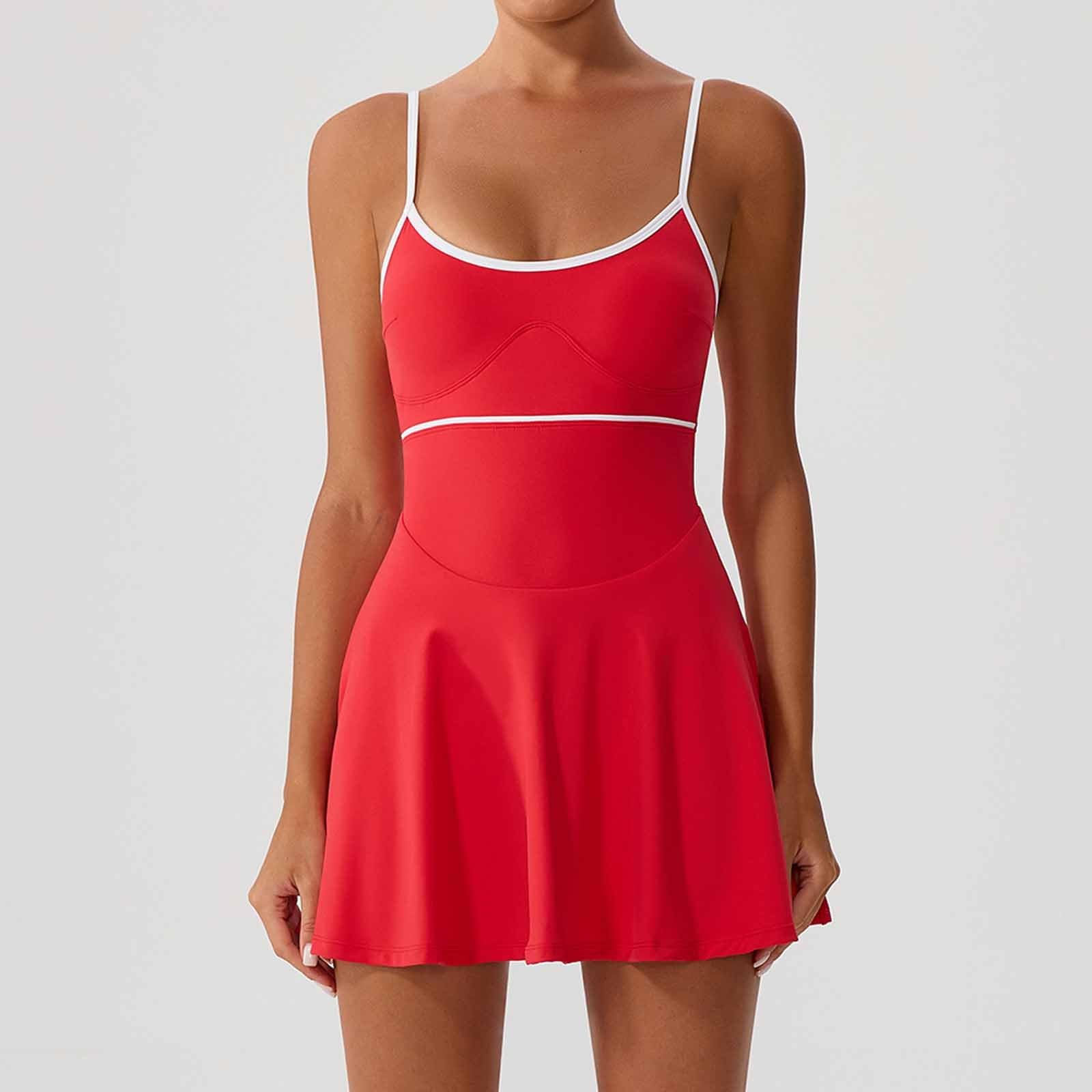 Robe de Tennis décontractée pour Femme avec Soutien-Gorge intégré Bretelles réglables Dos légère Respirante Poches Shorty -Transparent idéale Sport Yoga Quotidien été Confortable (Red, S)