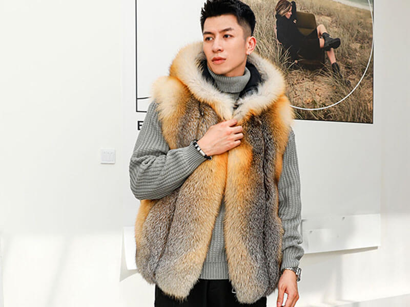Denny&Dora Men's Fox Fur Vest Sleeveless Winter Jacket -Hooded Fur