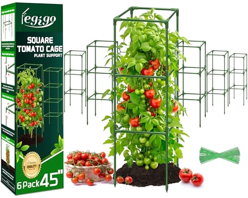 Legigo 6 Pack Square Tomato Cages for Garden- Up to 45 Inch Tomato Trellis Plant Cages Support, Tomato Stakes and Supports Cage for Climbing Vegetables Raised Garden Bed Cucumbers Peppers Flowers