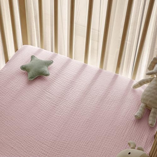 Image of Little Grape Land Muslin Crib Sheets Fitted for Boys and Girls 2 Pack, 100% Cotton Baby Bed Sheets Soft Breathable, Neutral Fitted Baby Mattress Sheets for Standard Crib 52x28 inches, Pink Bunny
