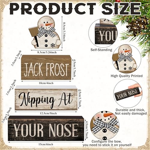 Image of Moucuny 4 Pcs Christmas Table Decor Wooden Snowman Black and White Winter Tiered Tray Decor Rustic Decorative Snowman Block Sign Gifts Christmas Centerpiece Rustic Winter Decorations for Home Kitchen