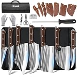 MDHAND 14PCS Professional Butcher Knife Set with Roll Bag, Hand Forged Serbian Chef Knife Set, Heavy Duty Meat Cleaver Knives, Boning Knife, Meat Cutting Knife for Kitchen, Gift for Men, BBQ, Camping