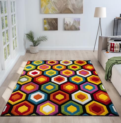 Lord of Rugs Quality Handcarved Geometric Design Rainbow Bedroom Living Room Multi Coloured Rug Marco Multi Large 160x230 cm (5'3"x7'7")