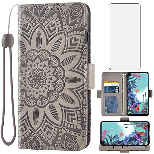 Asuwish Phone Case for LG Q70 with Tempered Glass Screen Protector and Flower Leather Wallet Flip Cover Credit Card Holder Stand Cell Accessories LGQ70 Q730 Q 70 LGQ70phone Boys Girls Women Men Grey