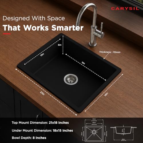 Image of Carysil SALSA MAX Quartz Kitchen Sink 21 x 18 x 8 inches, Single Bowl, 80% Quartz & 20% Resin, Heat Resistant 300C, 50kg Load, Scratch & Stain Resistant, Granite Sink, 304 SS Coupling - Nera