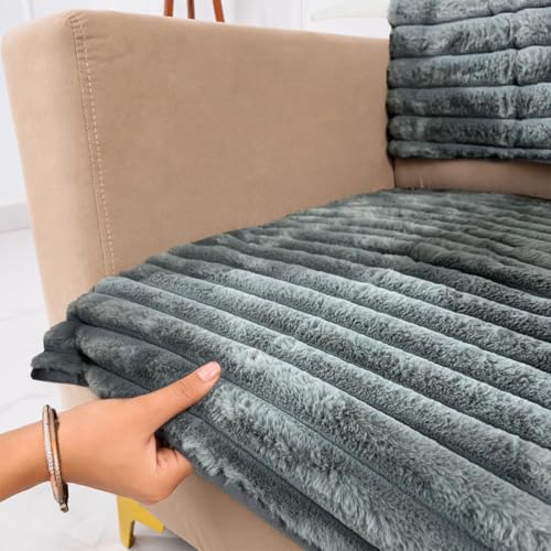Image of Homerz Premium Rabbit Fur Sofa Cover with Anti-Skid Backing, Soft Plush Fabric Sofa Protector for Living Room Furniture (Grey, 1 Seater, Seat Cover with Backrest)