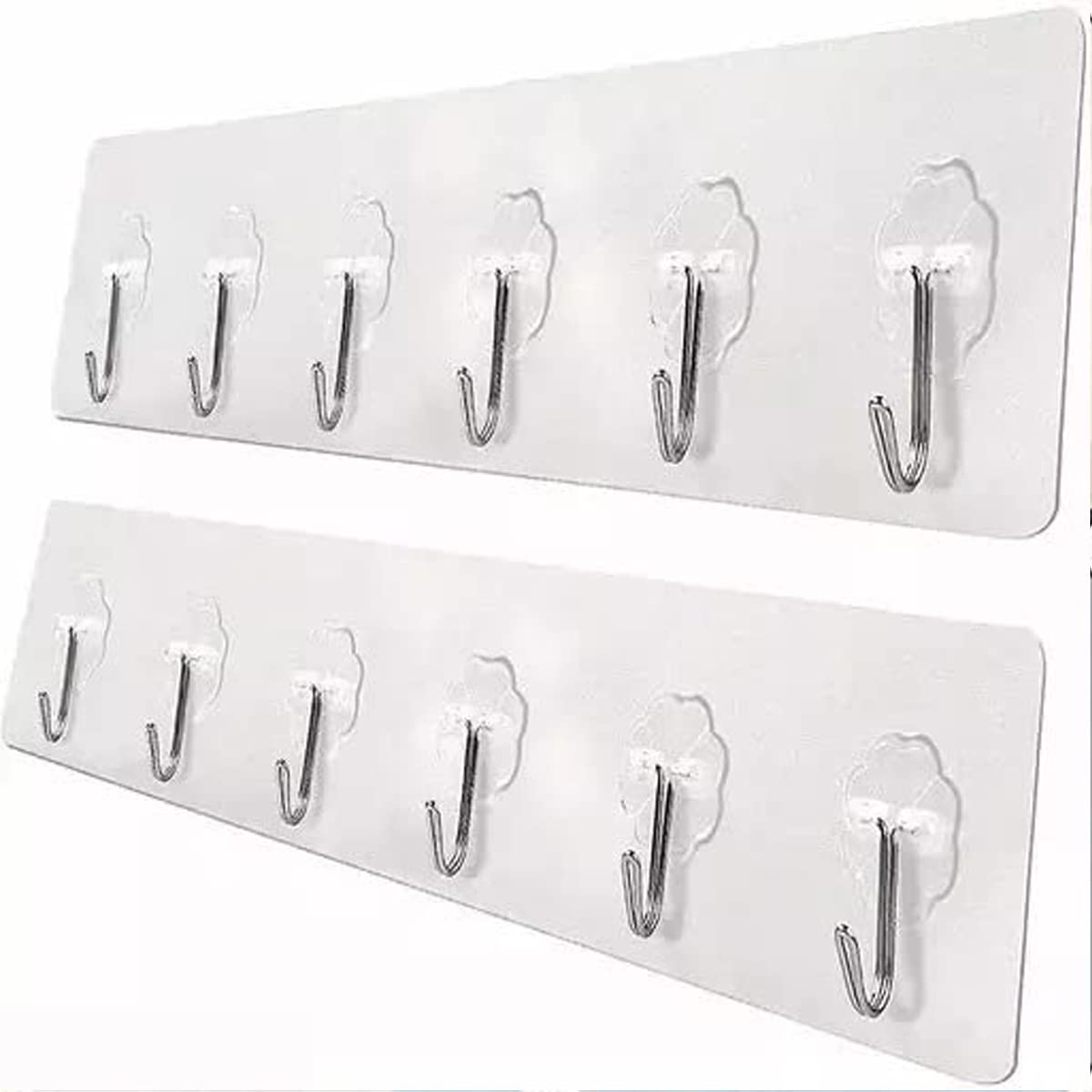 Force24Self Adhesive Wall Hooks for Kitchen Organizer Hook for Wall Without Drilling for Home Kitchen Bathroom Bedroom Keys Bag Towels - 6 Stainless Steel Hook with Plastic Strip (Silver Pack of 2)