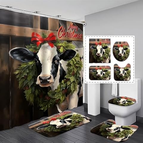 Cow Shower Curtains Sets Farmhouse Christmas Bathroom Decor Waterproof Fabric Green Garland Western Cattle Shower Curtain with Rugs Country Farm Animal Xmas Shower Curtain Bath Toilet Home Decorations Cover