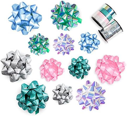 WRAPAHOLIC 14 Pcs Gift Bows Assortment - 12 Multi Colored Assorted Size Gift Bows (Silver, Green, White, Pink, Blue) and 2 Crimped Curling Ribbons, Perfect for Christmas, Holiday, Party