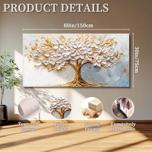 SERIMINO Tree of Life Wall Art, White Gold Tree Extra Large Artwork, Neutral Aesthetic Abstract Art Wall Decor, Modern Fantasy Pictures for Living Room Dining Room Office Canvas Prints 30"X60"