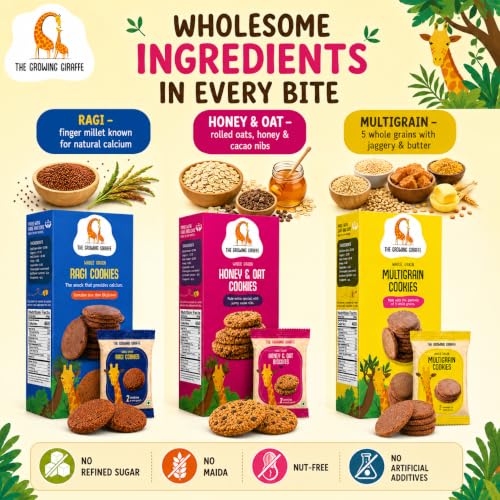 Image of The Growing Giraffe 3-Flavour Cookie Combo - Multigrain, Honey Oat with Cacao Nibs, Ragi, No Maida, No palm oil, Nut-Free, Healthy Biscuits with jaggery and butter for Kids & Grown-Up Adults - Pack of 3